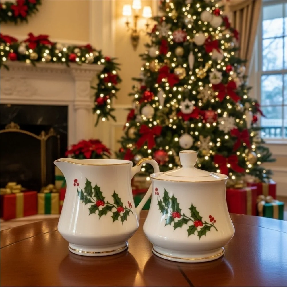 Macy’s Vintage “All the Trimmings” Festive Christmas Creamer and Sugar Set + Box